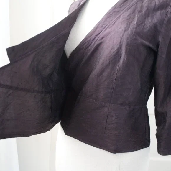 Dark Purple 100% Raw Silk Peplum Belted V Neck Top Size Small - Picture 7 of 12